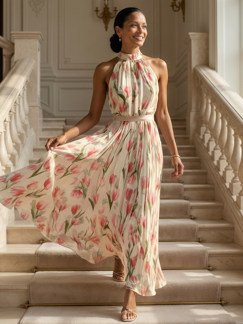 GirardLyon | Robe Midi à Col Halter à Fleurs Aurelle
